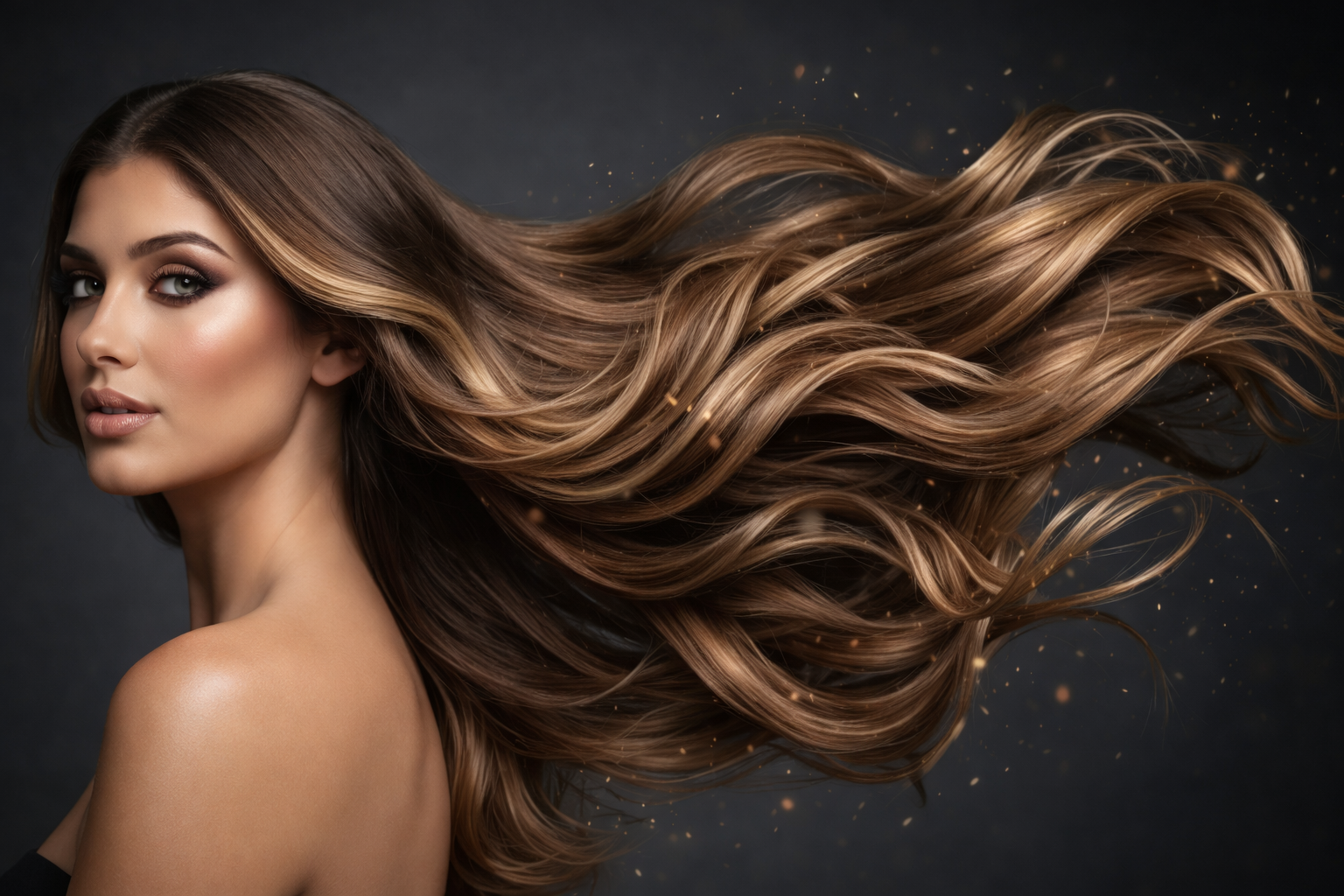 Luxury beauty portrait of woman with long flowing glossy brunette hair for salon homepage hero banner