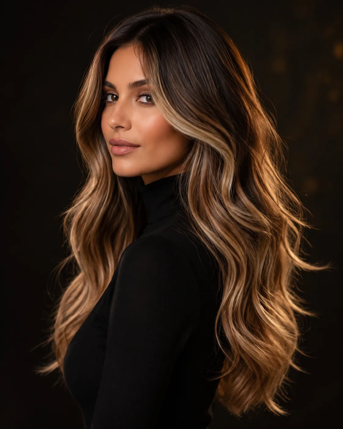 Caramel balayage with a soft root melt and loose waves, coloured at Neelo Luxe Studio in Port Credit