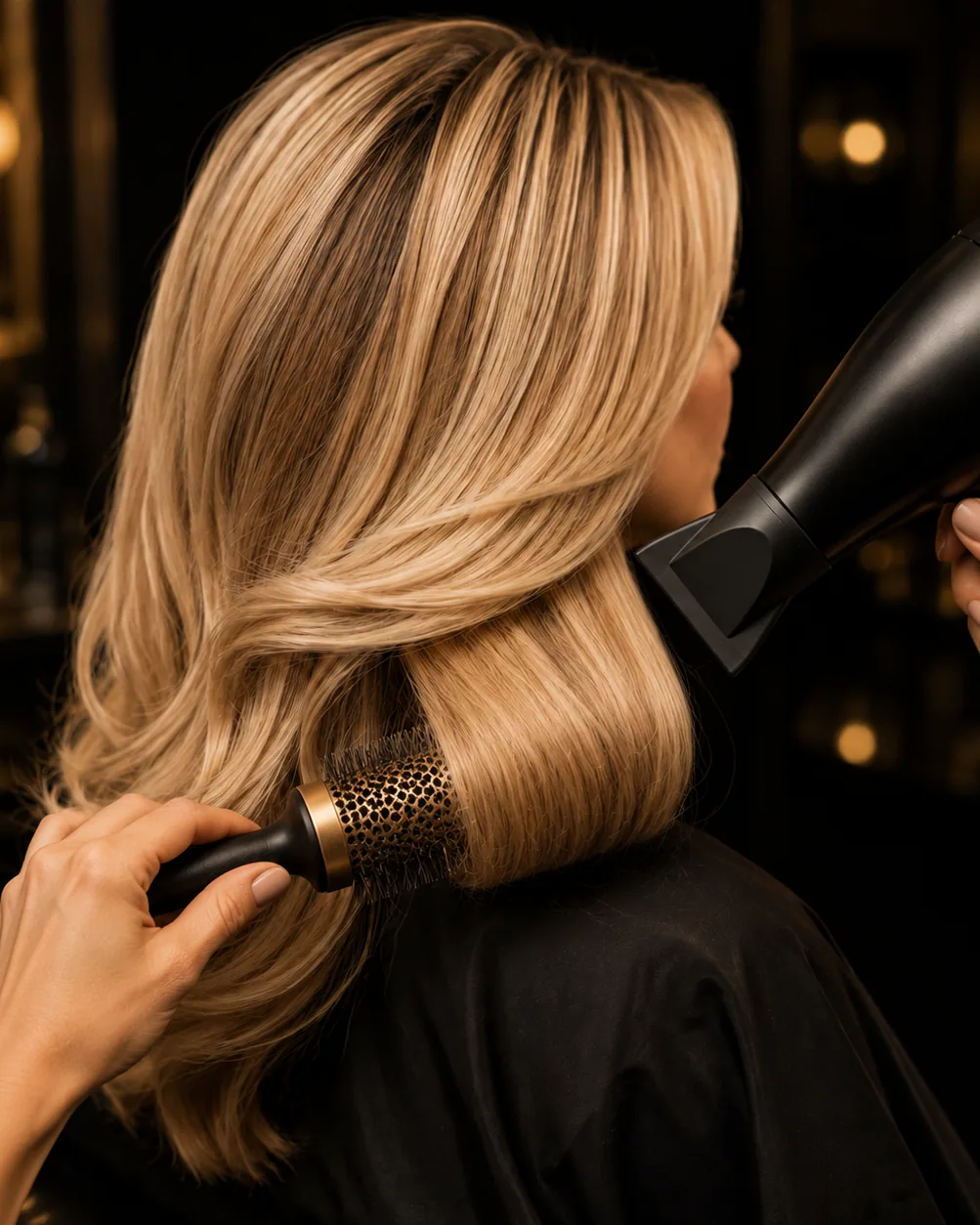 Blow-dry in progress with a round brush and dryer at Neelo Luxe Studio in Mississauga
