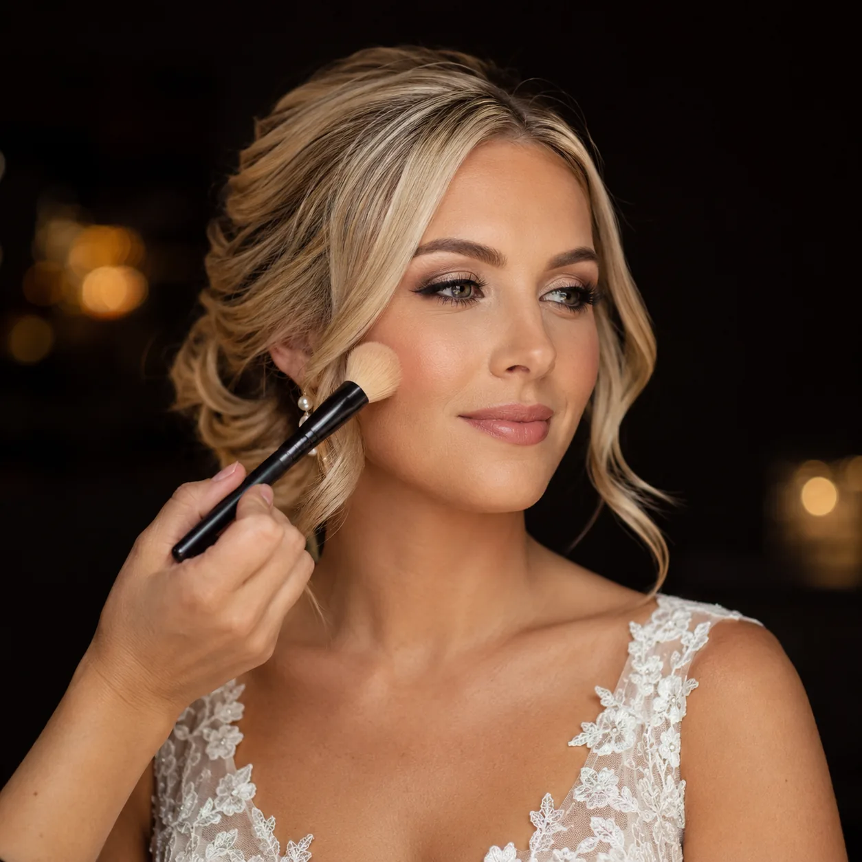 Bridal makeup being blended on a bride in a lace gown at Neelo Luxe Studio in Port Credit
