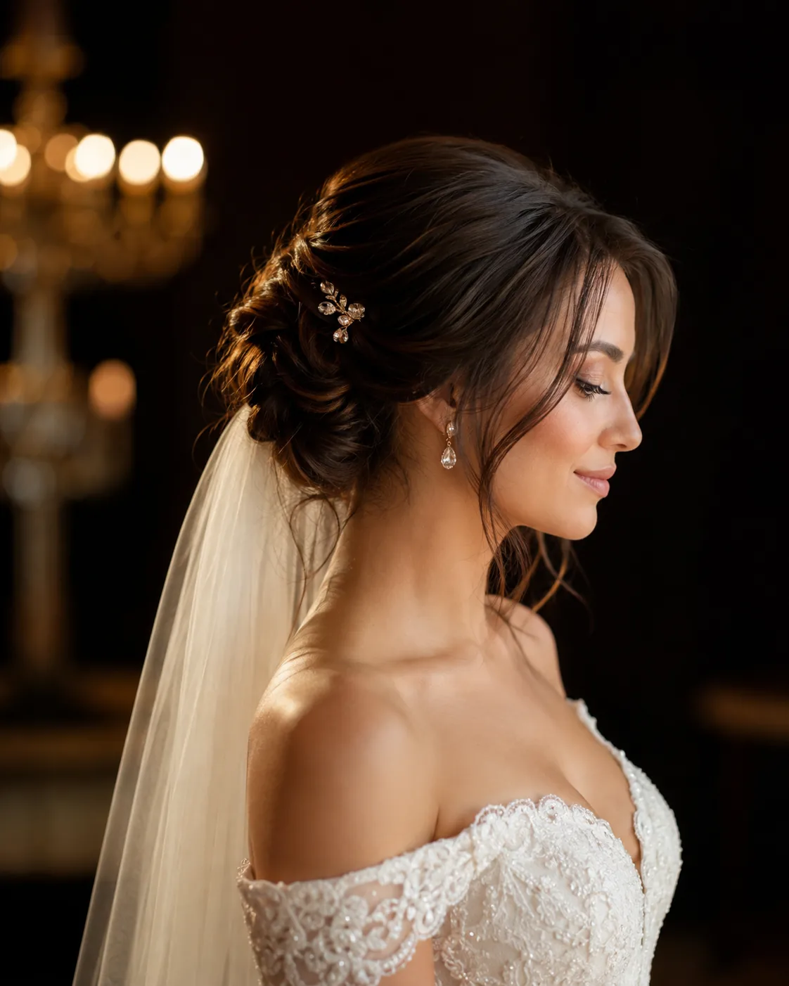 Bridal updo with a soft chignon, jewelled pin and veil, styled at Neelo Luxe Studio