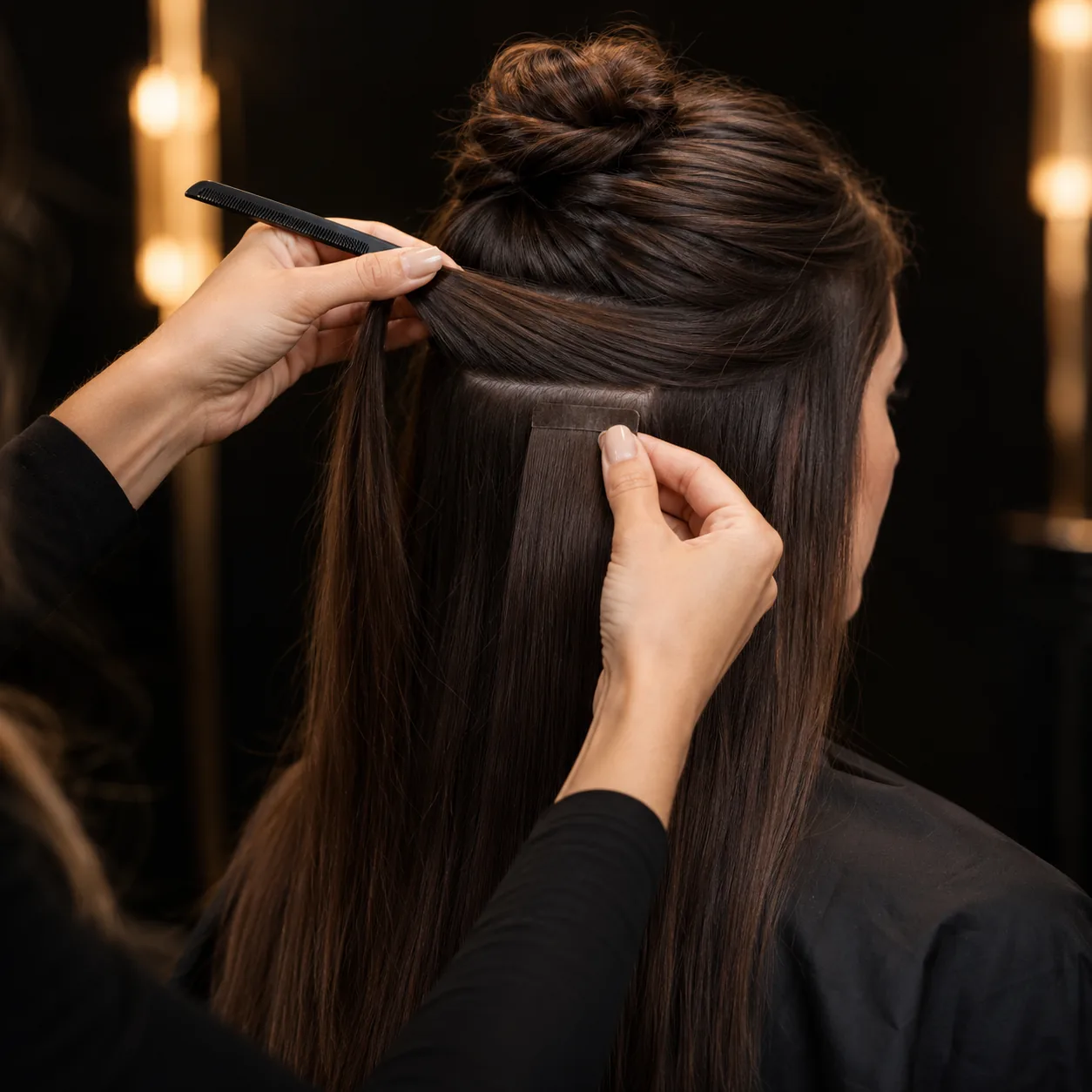 Tape-in hair extension weft being placed section by section at Neelo Luxe Studio