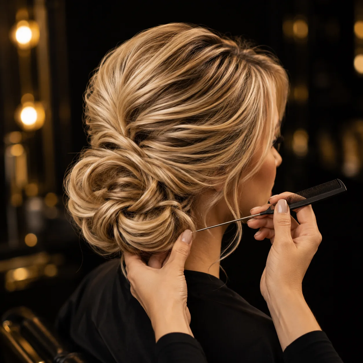 A textured low chignon being finished with a tail comb at Neelo Luxe Studio in Port Credit